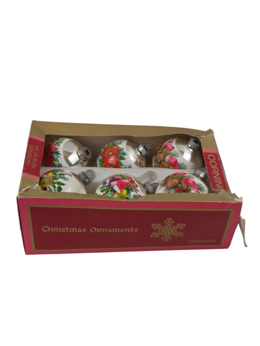 Vintage Corning 2.5 Glass Christmas Ornaments Set Of 6 With Holiday Designs & Or